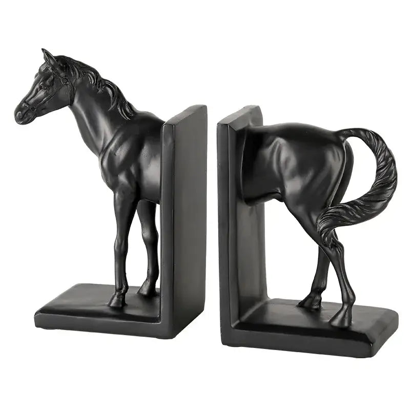 Glossy black horse stallion resin bookends living room decor