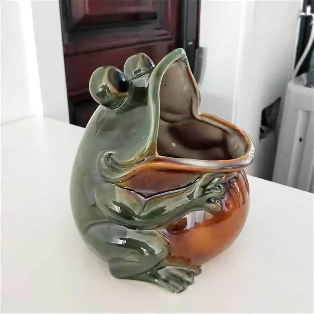 Glossy green & orange ceramic animal storage frog kitchen