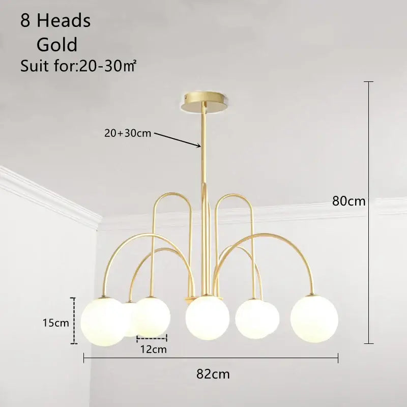Gold curved arm glass ball pendant chandelier for dining room