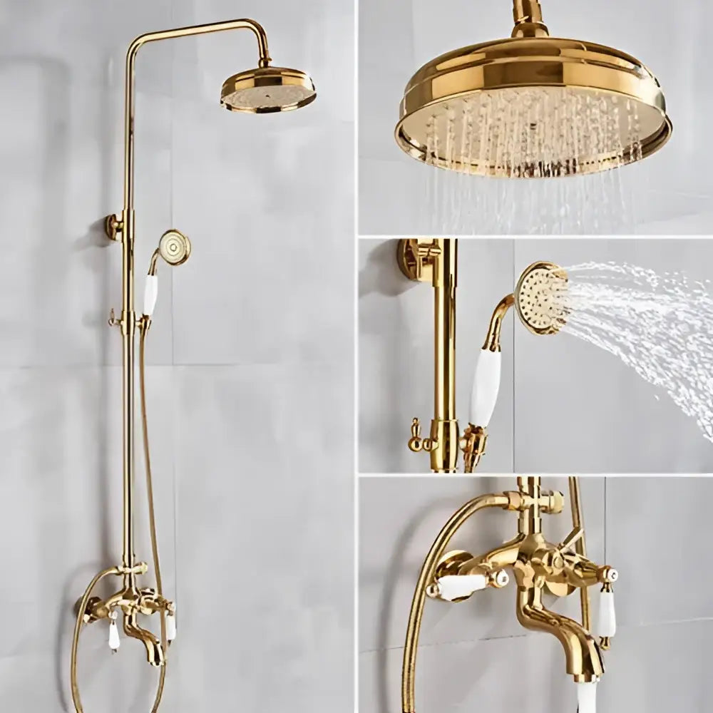 Gold dual handle rainfall shower system with ceramic handles bathroom