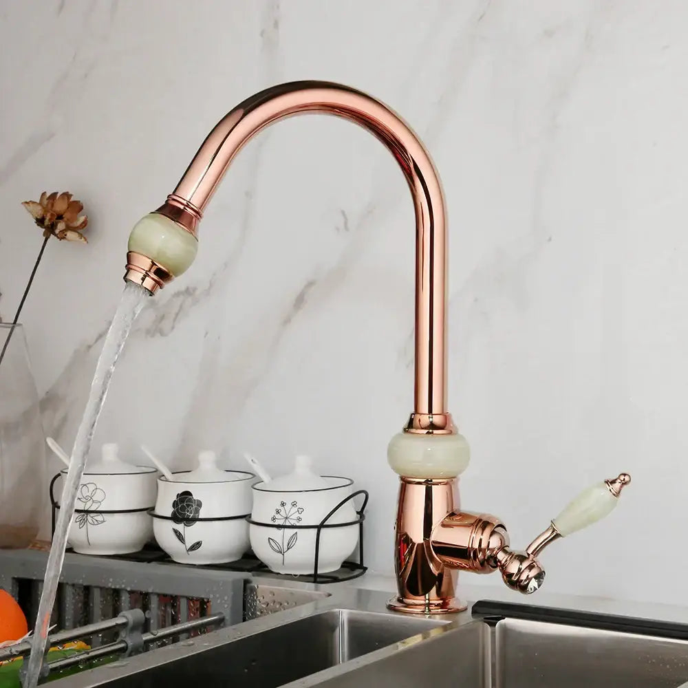 Golden jade & diamond handle kitchen faucet with swivel pull