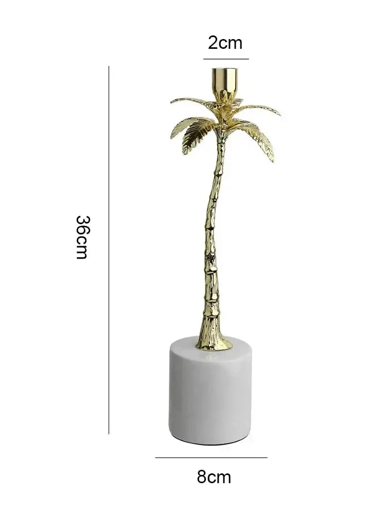 Golden metal candlestick palm tree with marble base dining room decor