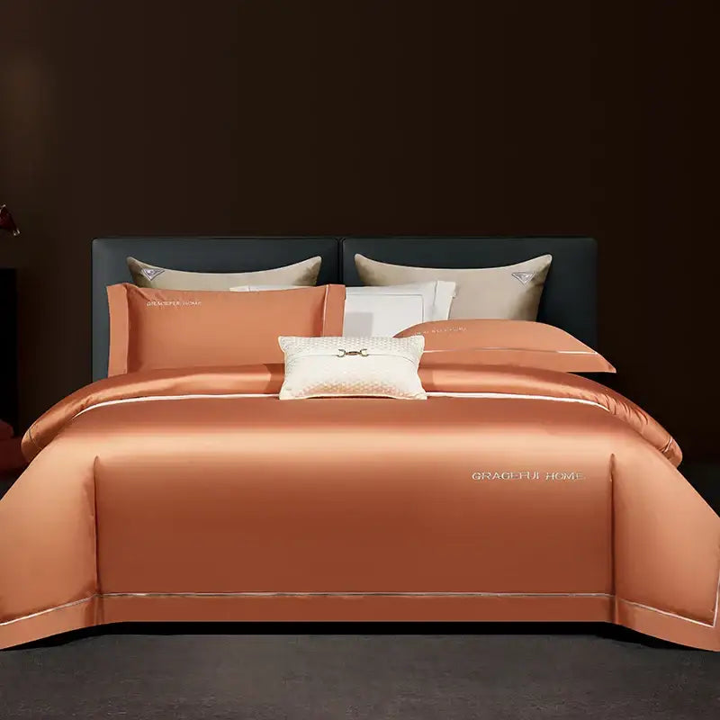Golden satin egyptian cotton bedding set bedroom embroidery detail