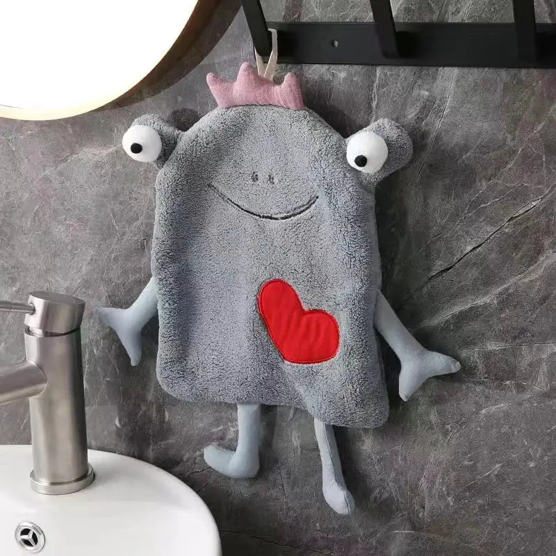 Gray and yellow frog design hand towel bathroom plush monster decor