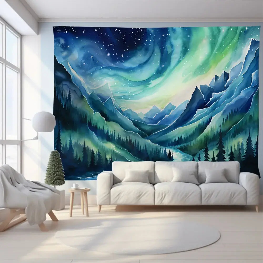 Green and purple mountain tapestry forest aurora for bedroom wall art