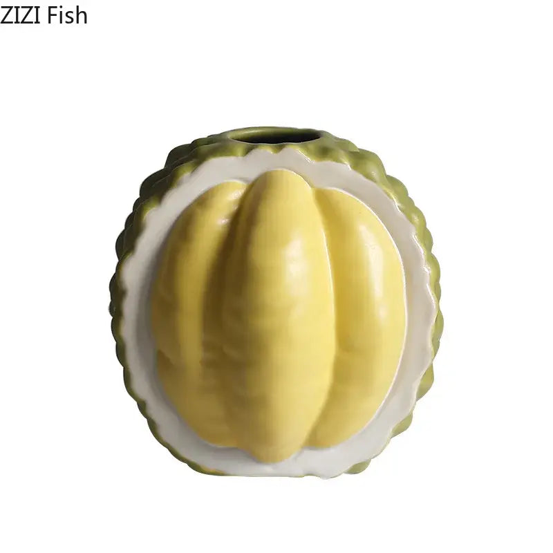 Green and yellow durian ceramic vase set for living room decor