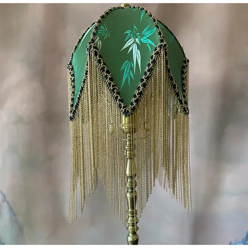 Green bamboo leaf jacquard satin lampshade with brass fringe bedroom