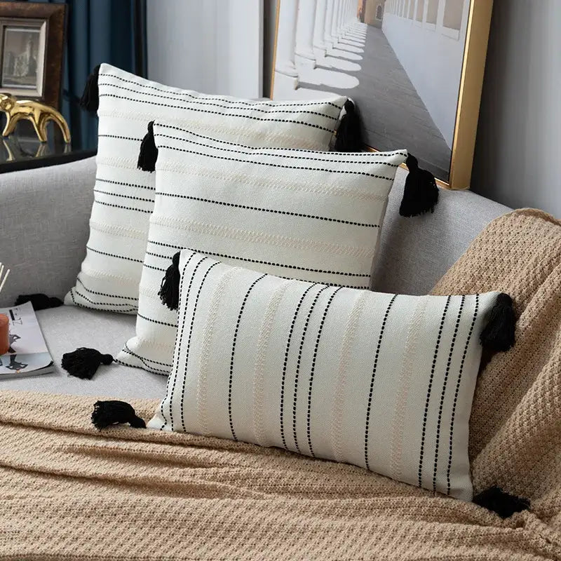 Green black stripe crochet cushion cover living room tassel pillow