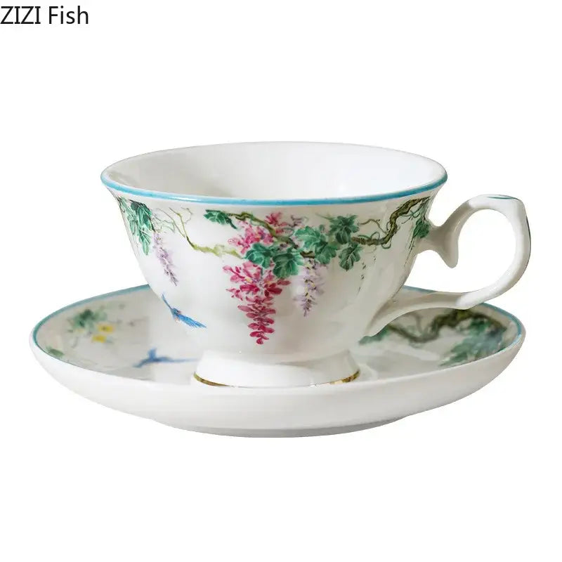 Green vine flower porcelain cup and saucer dining room tea set
