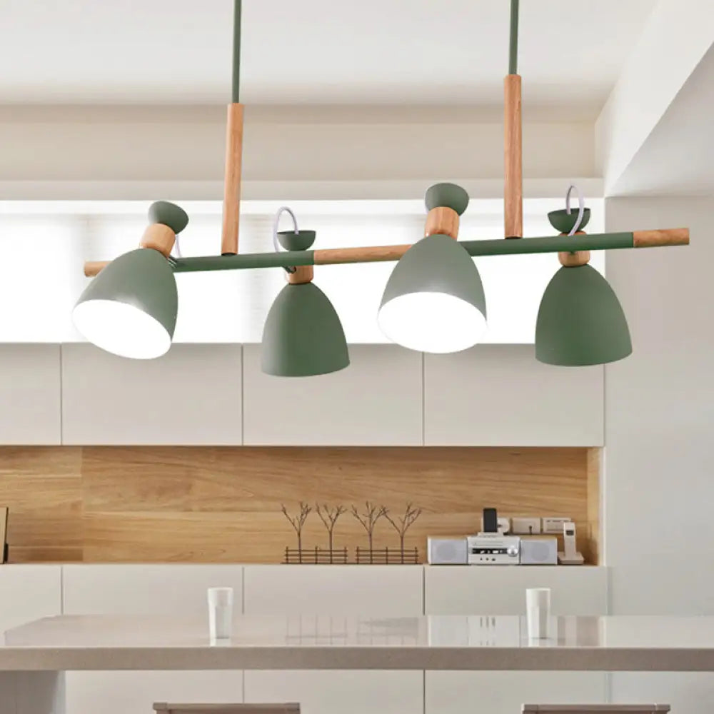 DecorBites™ Grey/White/Green Bell Island Lamp - Nordic 4-Light Iron Pendant with Rotatable Design and Wood Decoration