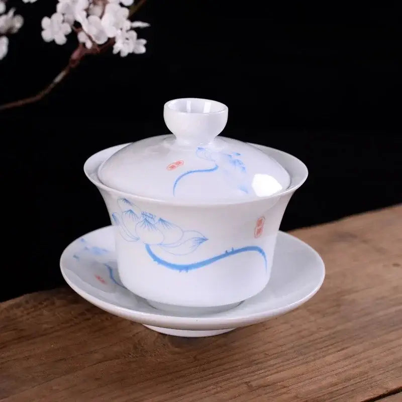 Hand painted bird and bamboo white porcelain gaiwan dining room tea set