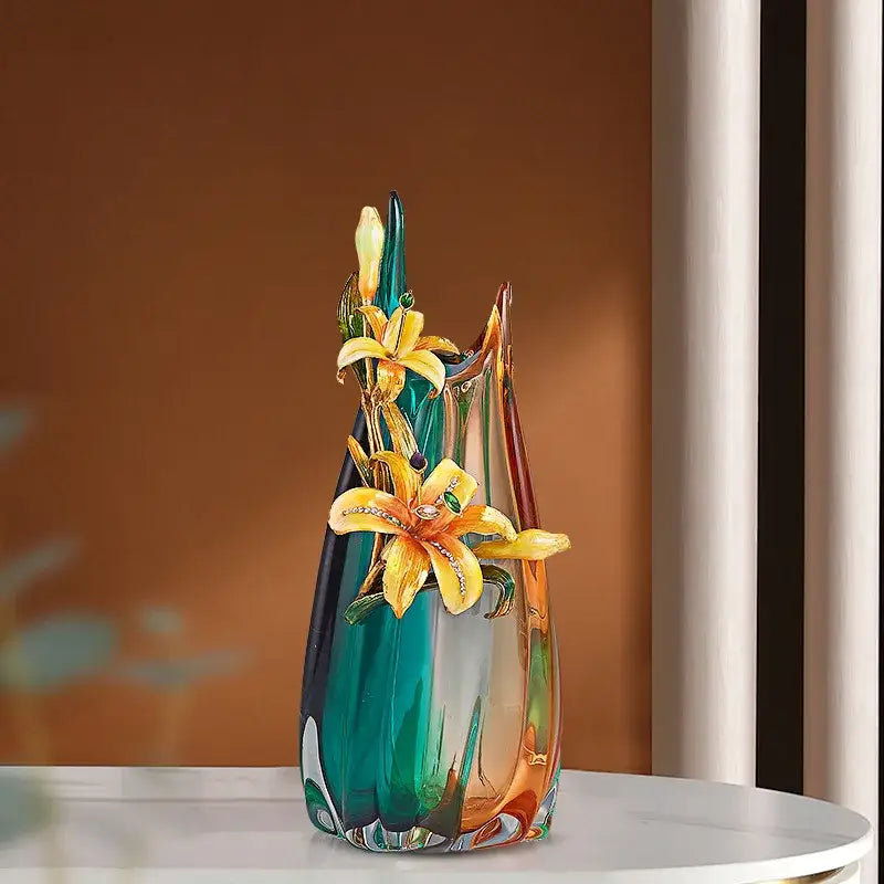 Handmade enamel vase in teal & amber with golden lilies living room