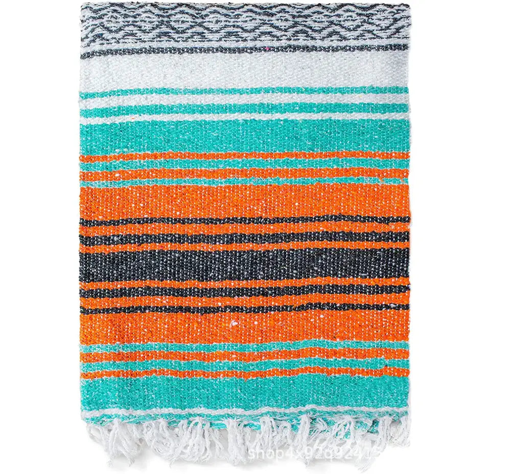 Handwoven mexican blanket pink & blue geometric beach shawl bedroom decor