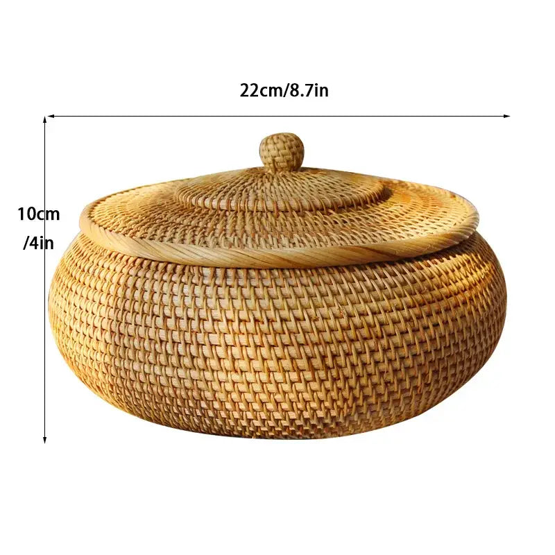 Handwoven rattan storage box with lid kitchen organizer
