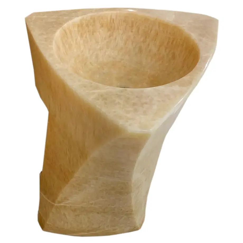 Beige Sculptural Natural Stone Honey Onyx Pedestal Bathroom Sink Hand Carved