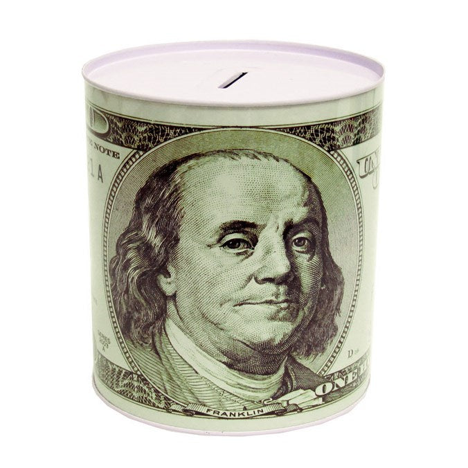 100 Dollar Bill Tin Money Bank, Benjamin Franklin, Medium, 6x5.75 Inches