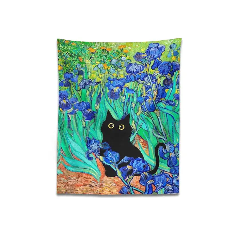 Impressionistic irises cat tapestry bedroom wall art