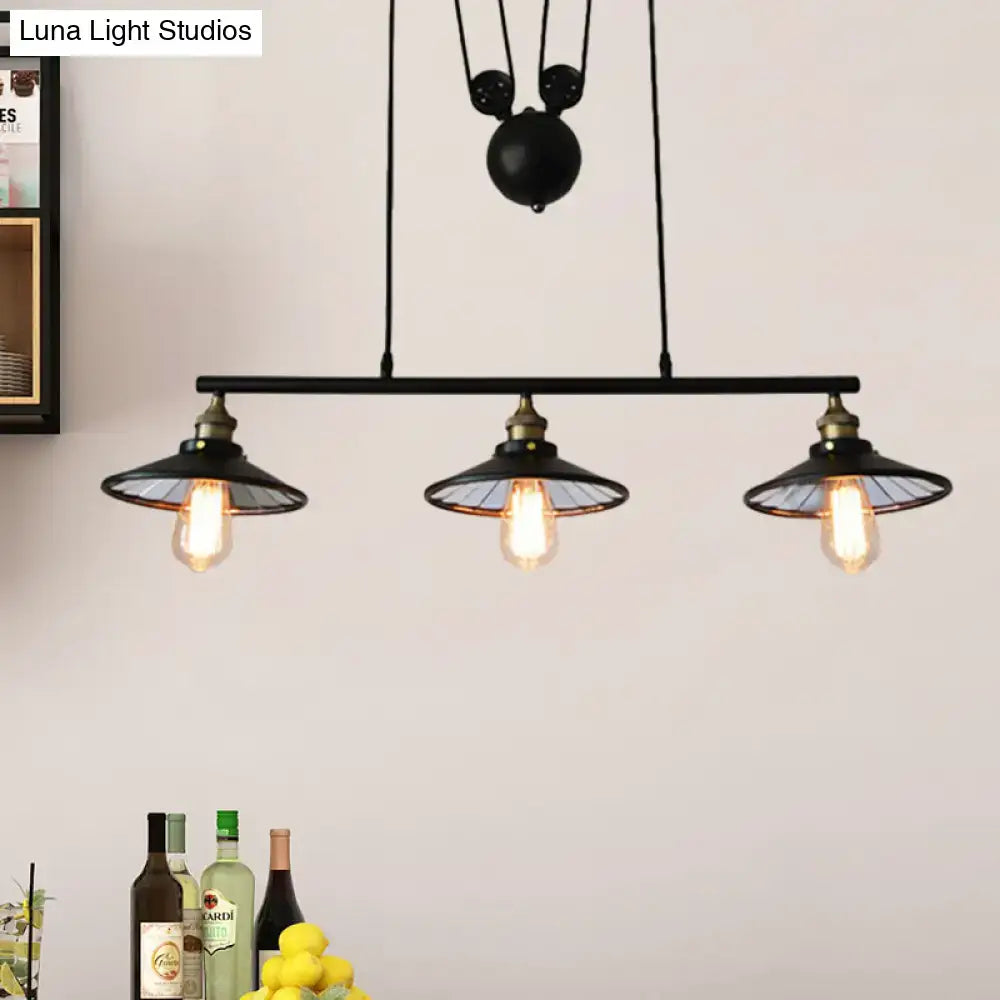 Industrial black 3-bulb pulley island pendant light for kitchens