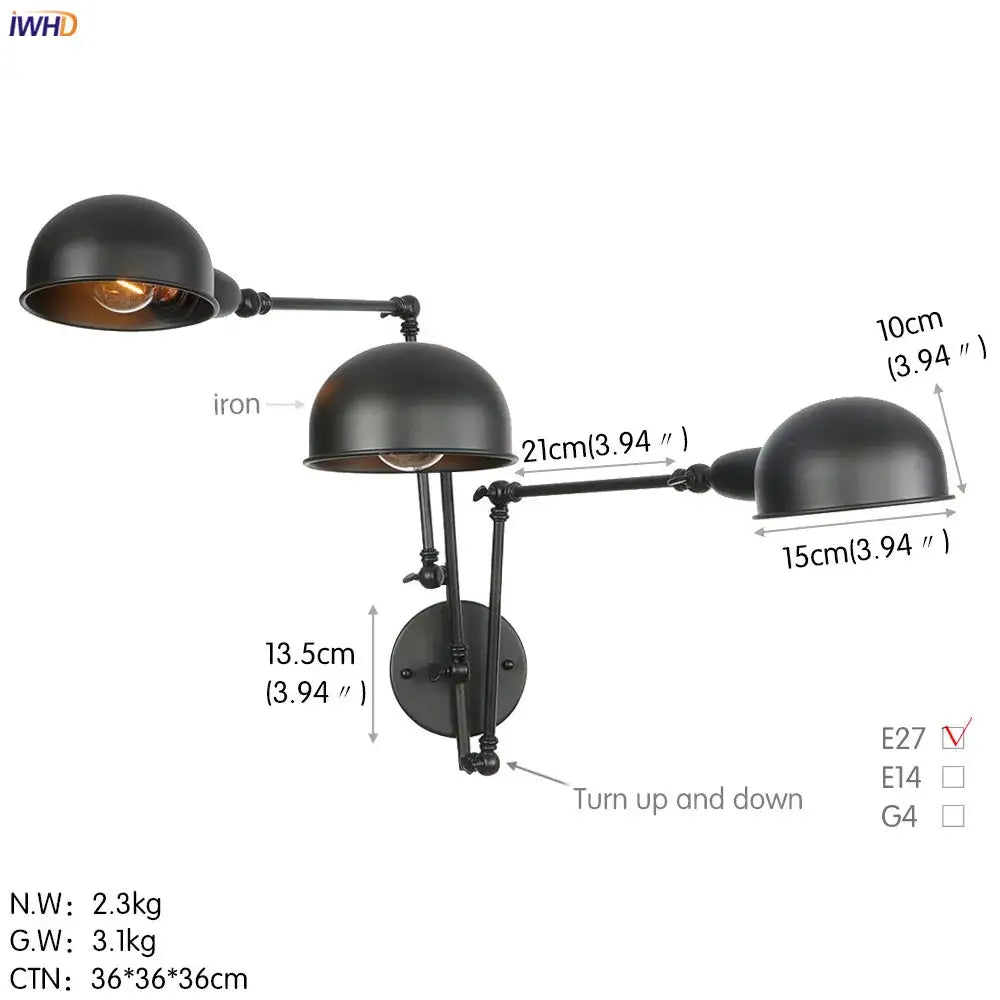 Industrial black loft antique edison wall light bedroom swing arm