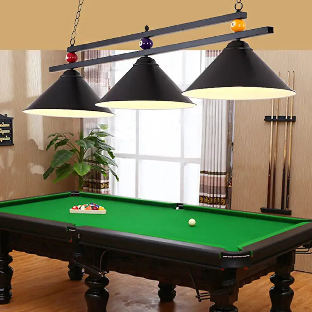 Industrial blue & black billiard ball cone shade ceiling pendant game room