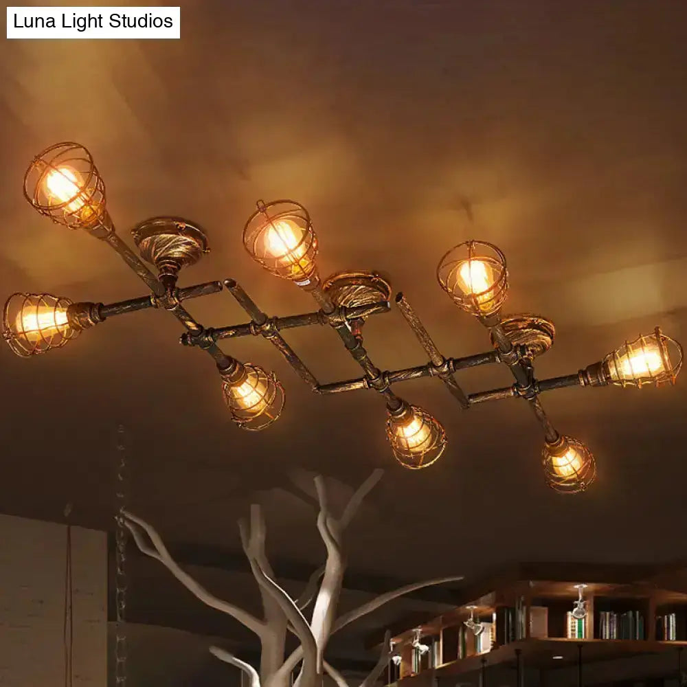 Industrial brass intersecting piping ceiling light dining room cage