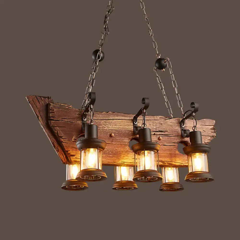 Industrial brown wood lantern island light dining room clear glass