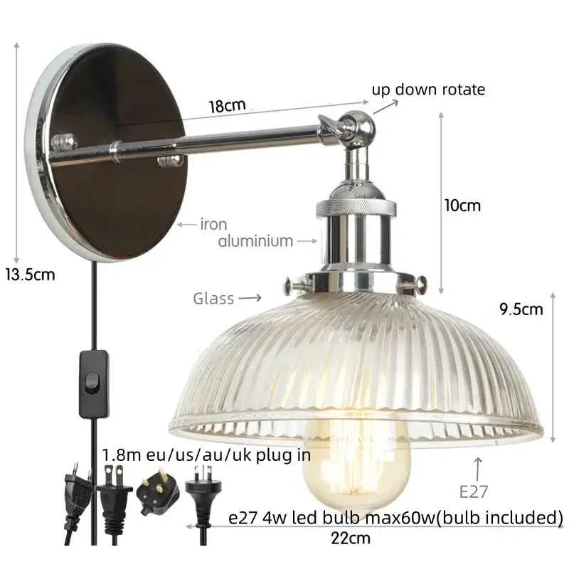Industrial chrome clear glass wall sconce stairway ribbed light fixture