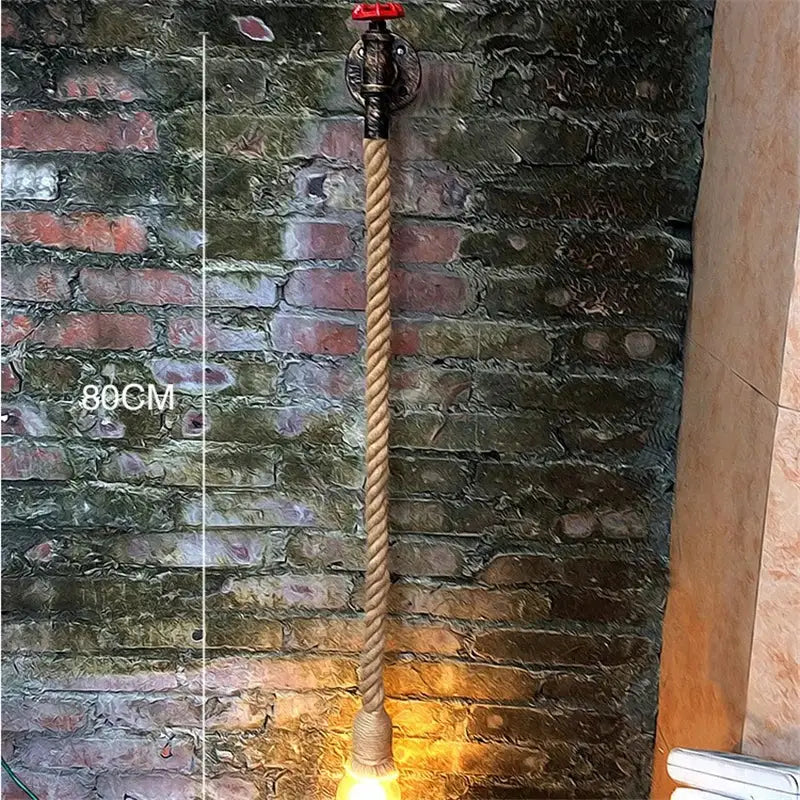 Industrial hemp rope wall lamp with red valve for kitchen living room