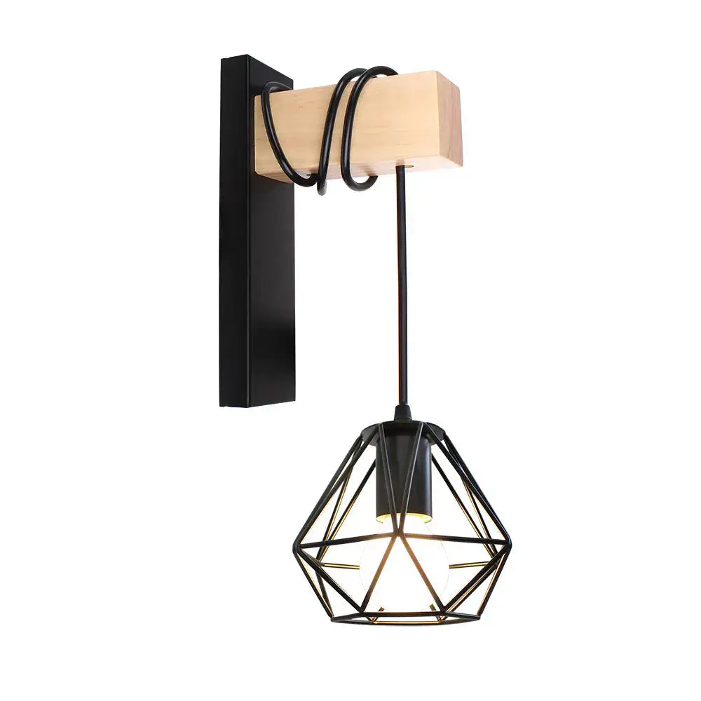 Industrial iron wall sconce with wooden pulley for cafe decor