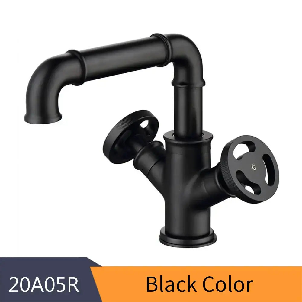Industrial matte black brass bathroom faucets with wheel handles