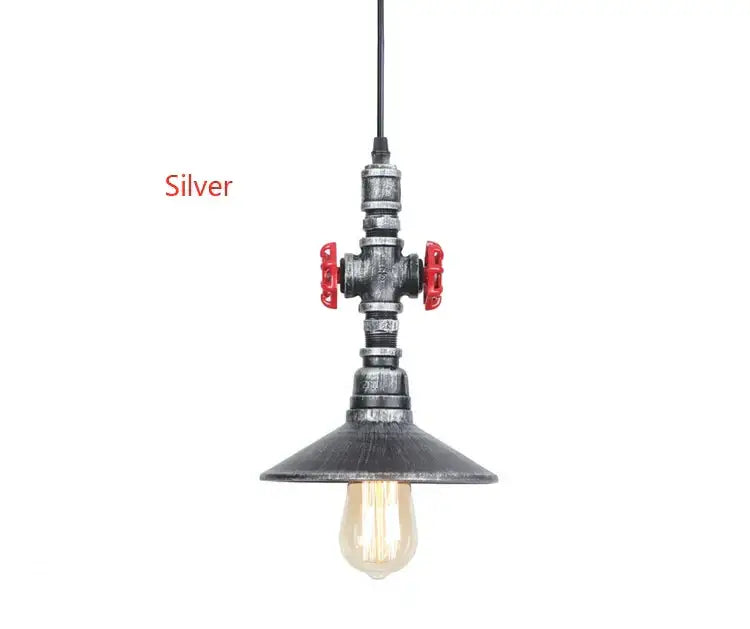 Industrial water pipe pendant light dining room with red valves