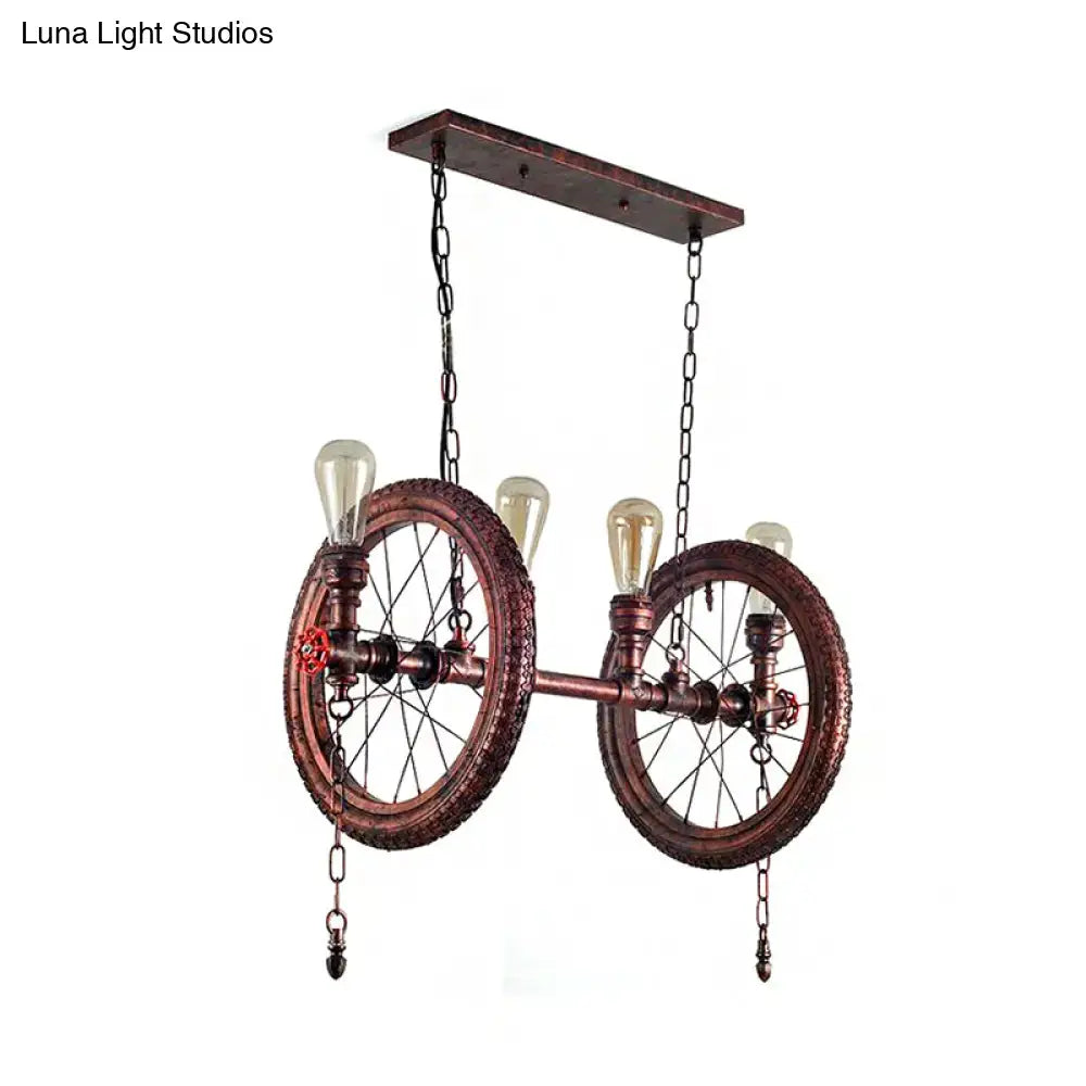 Industrial weathered copper bicycle wheel hanging light dining room