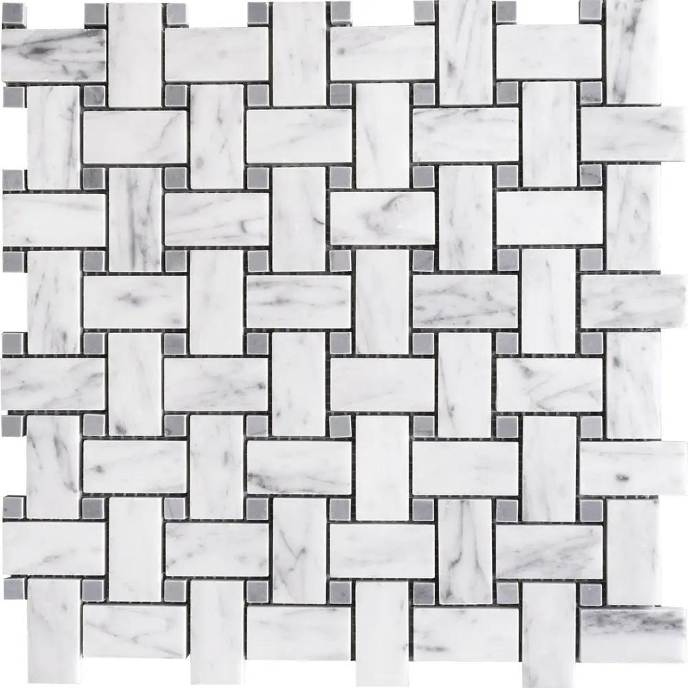 White Carrara Bardiglio Polished Basket Weave Marble Mosaics 12x12