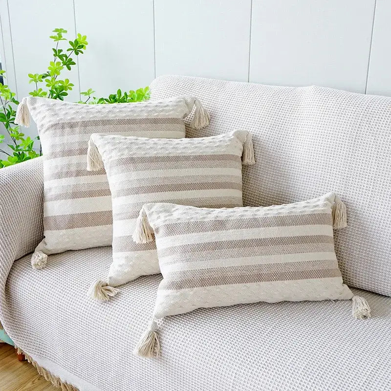 Ivory brown coffee striped tassel pillow case living room decor