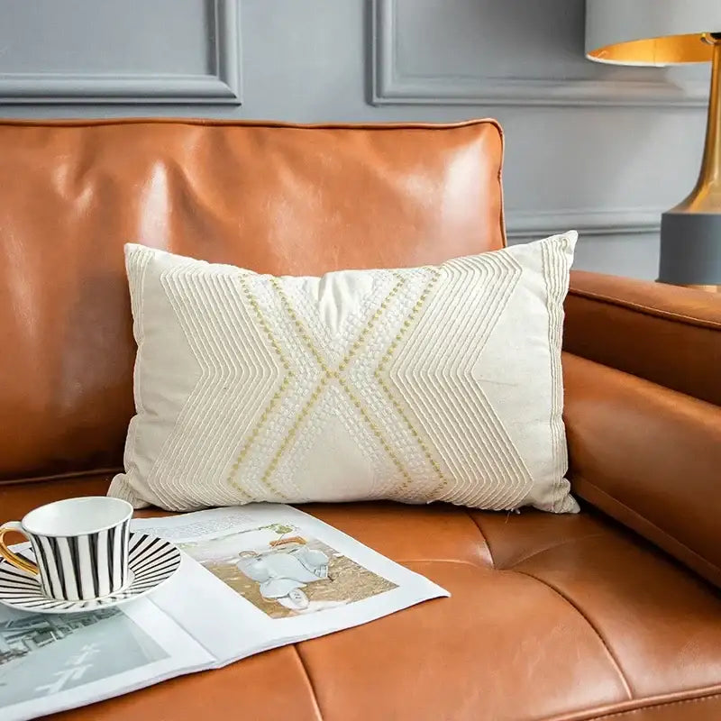 Ivory geometric embroidery cushion cover living room decor