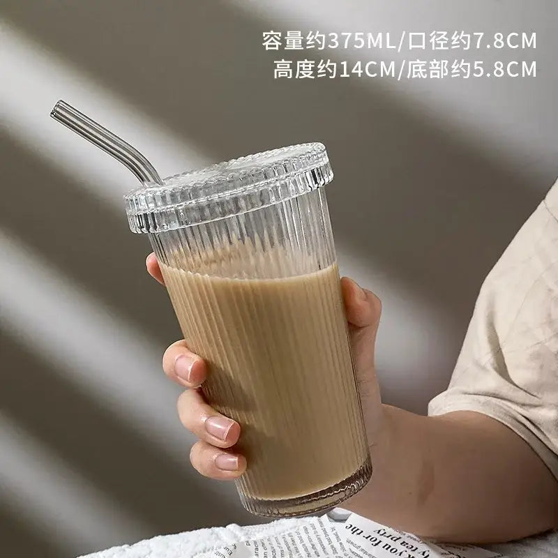 Japanese ribbed glass straw cup set kitchen tumbler with lid