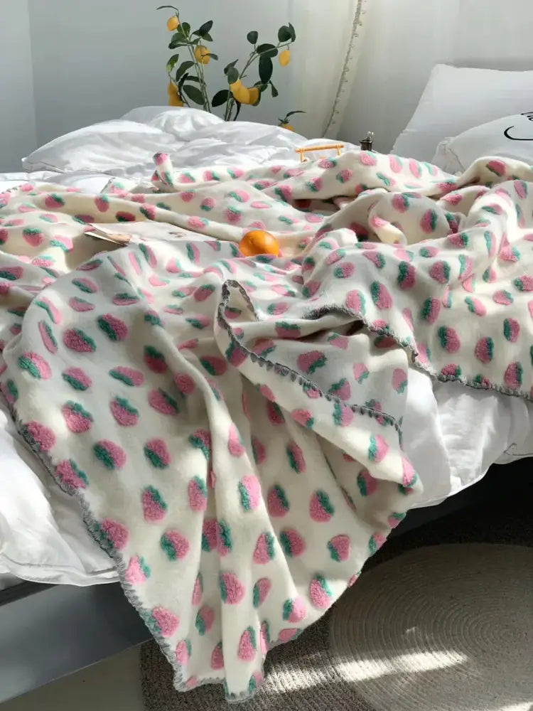 Kawaii cream and red cherry kids wool blanket bedroom decor