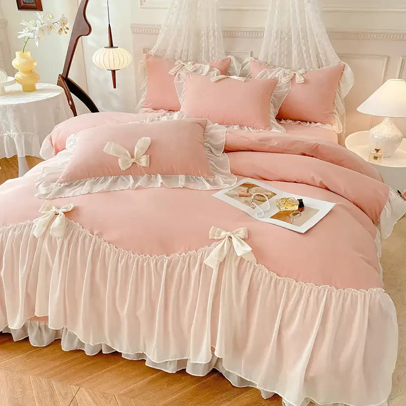 Korean lace bow bedding set blue & cream ruffled bedroom decor