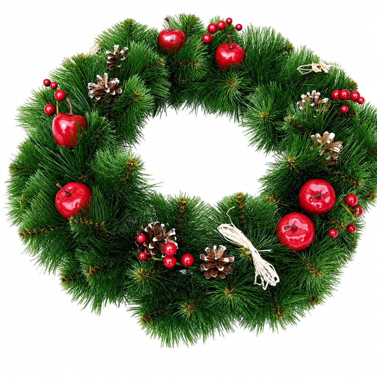 Ukrainian Christmas Wreath with Frosted Straw Bows, Apples & Pine Cones 20 Inches