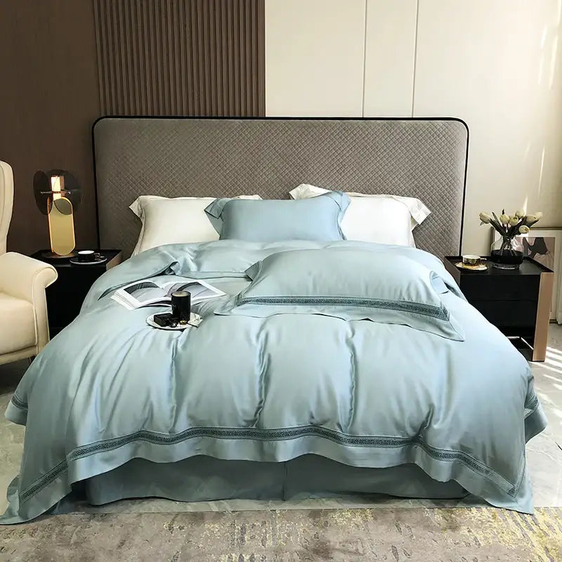 Lace trim eucalyptus lyocell luxury bedding set bedroom white satin
