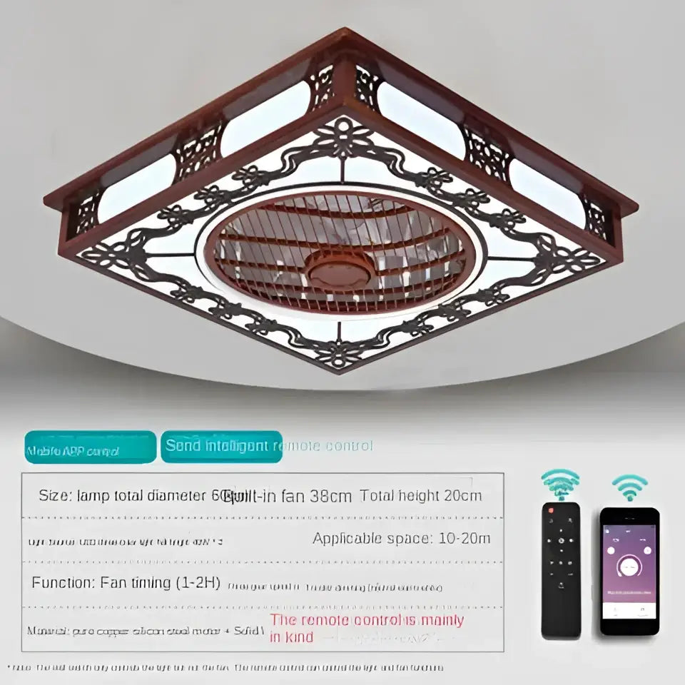 Lattice wood and black metal ceiling fan lamp chandelier living room