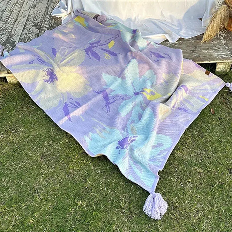 Lavender floral cozy knit blanket living room throw with tassels
