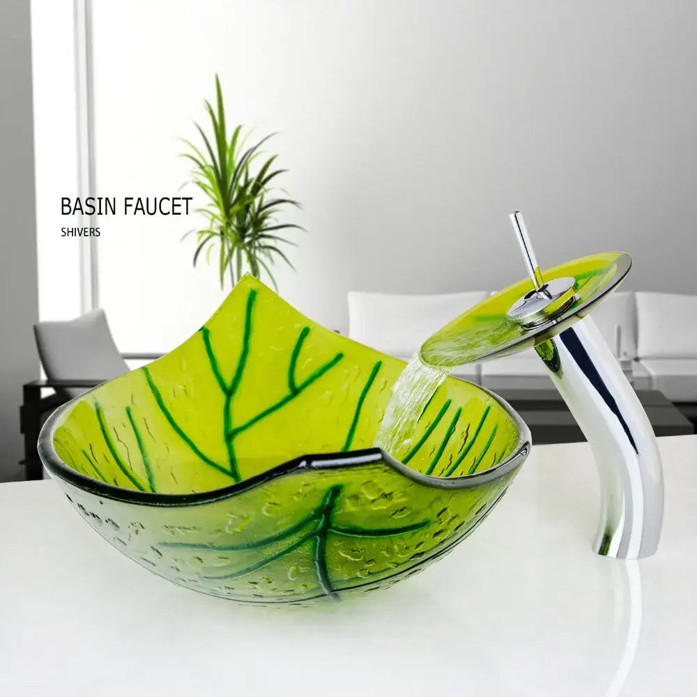 Leaf shaped green glass vessel sink set bathroom waterfall faucet