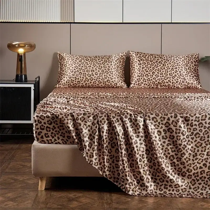 Leopard print satin bedsheet set – beige & brown bedroom bedding