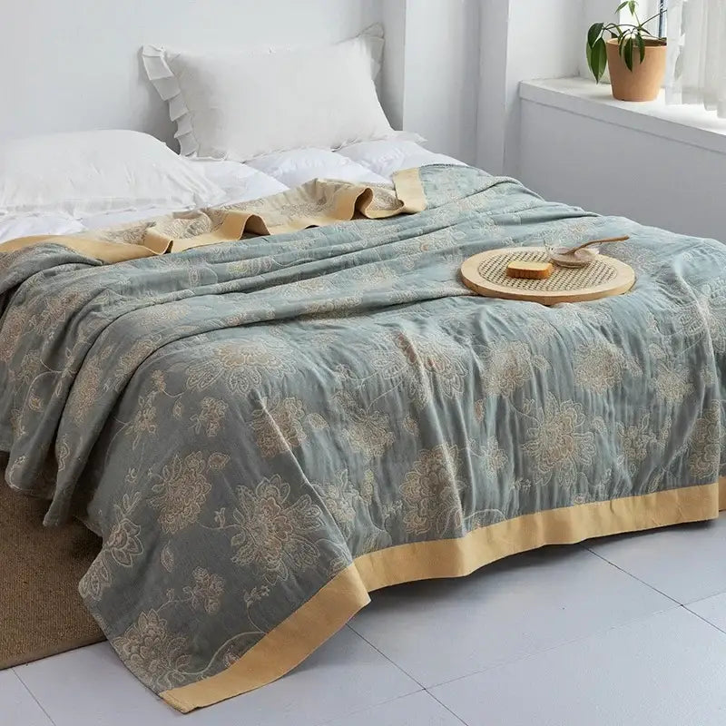 Light blue and white leaf cotton gauze towel throw – bedroom blanket