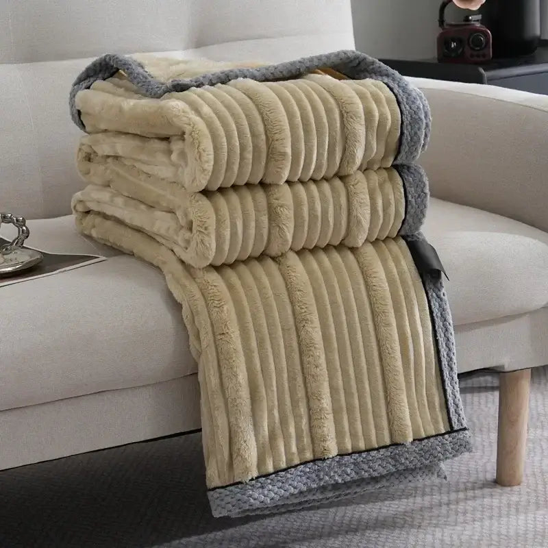 Light luxury sofa blanket cream & gray ribbed fleece bedroom throw