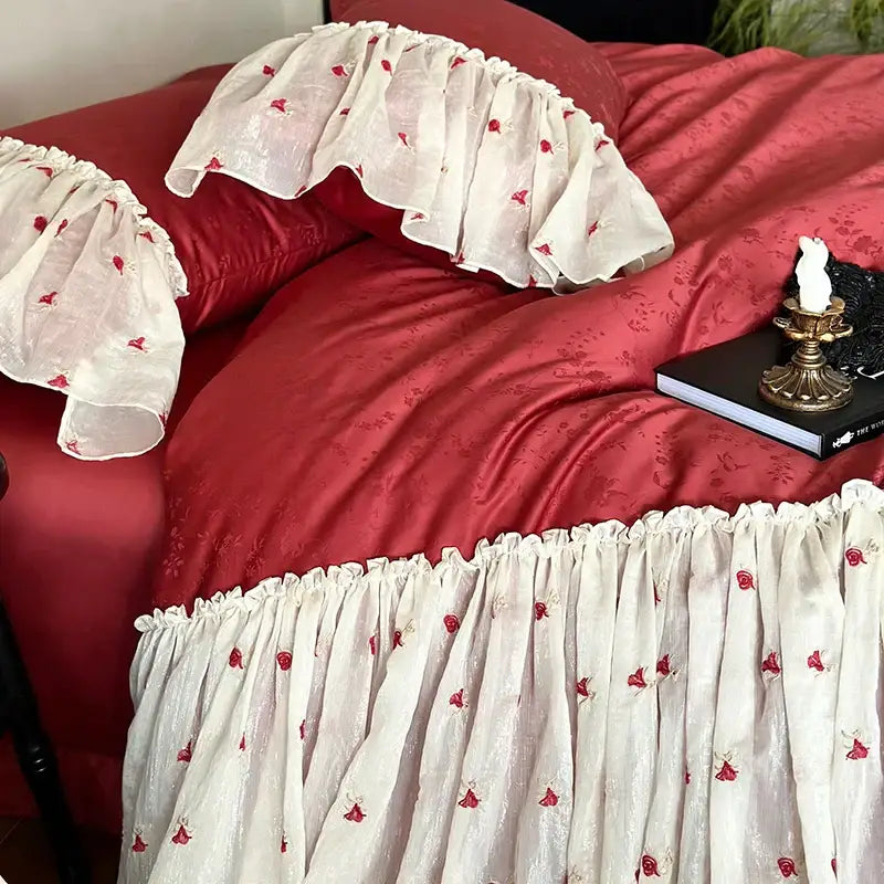 Luxe red & white egyptian cotton lace ruffles bedding set bedroom