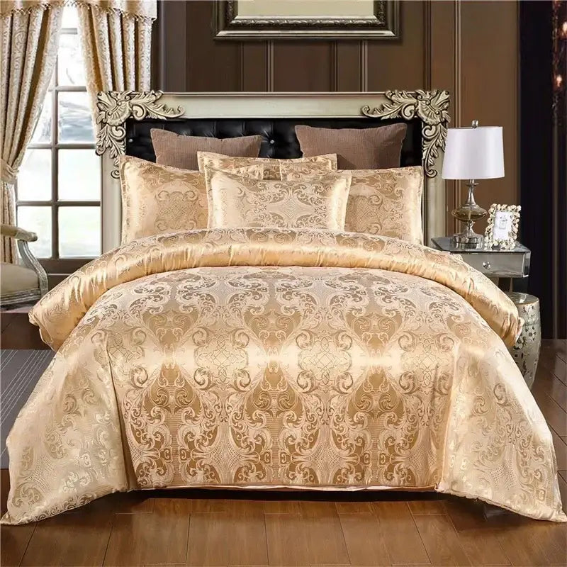 Luxurious cream & bronze jacquard satin bedding set bedroom decor