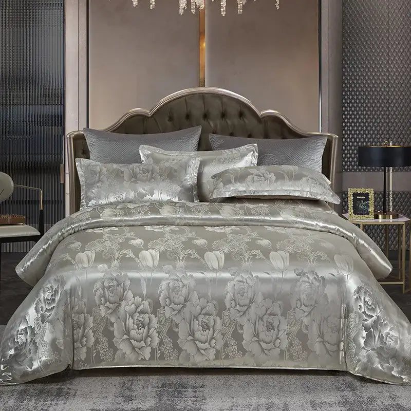 Luxurious gold & teal jacquard satin bedding set bedroom duvet cover