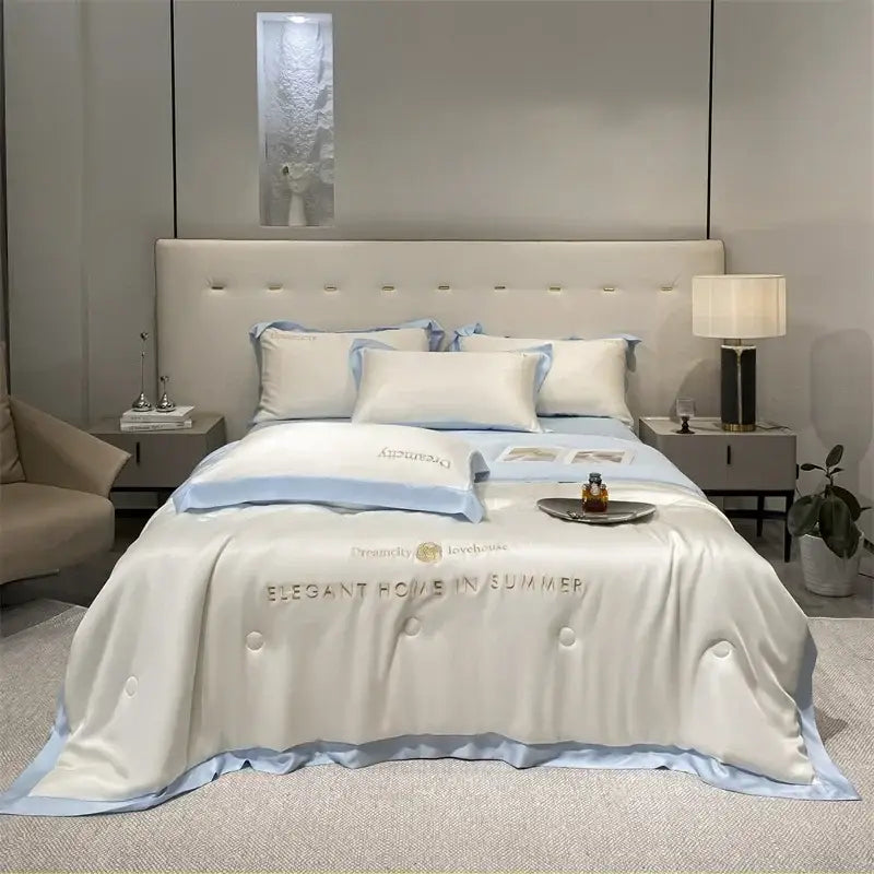 Luxury cream and black ice silk embroidered quilt set bedroom comforter